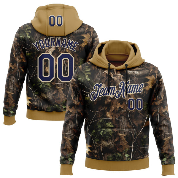 Custom Stitched Black Navy Old Gold-Cream 3D Pattern Design Tree Camo Hunting Sports Pullover Sweatshirt Hoodie