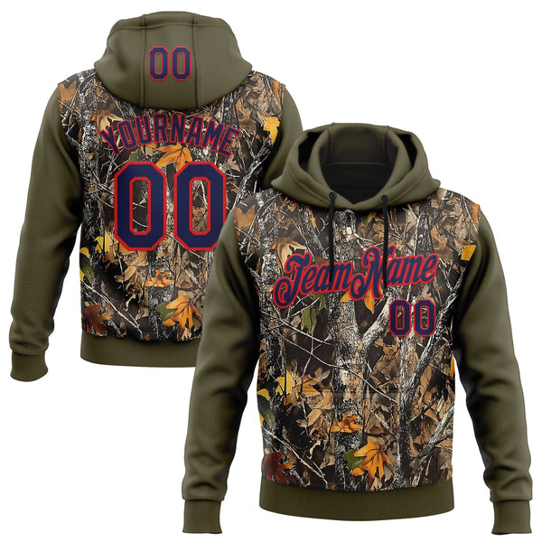 Custom Stitched Olive Navy-Fire Red 3D Pattern Design Tree Camo Hunting Sports Pullover Sweatshirt Salute To Service Hoodie