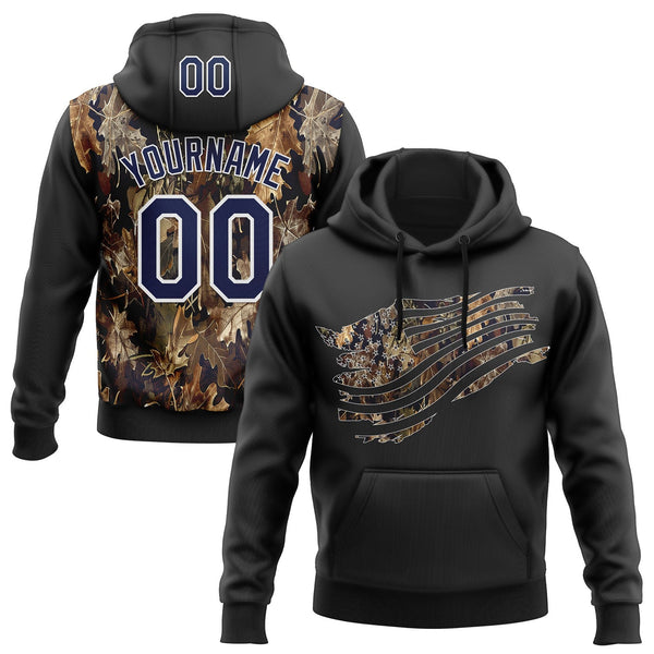 Custom Stitched Black Navy-White 3D Pattern Design Tree Camo American Flag Hunting Sports Pullover Sweatshirt Hoodie