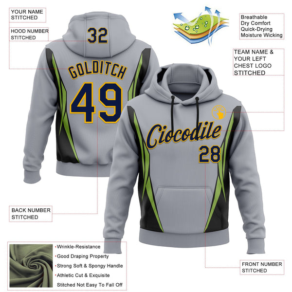 Custom Stitched Gray Navy Black Green-Gold 3D Pattern Design Sportswear Pullover Sweatshirt Hoodie alternate