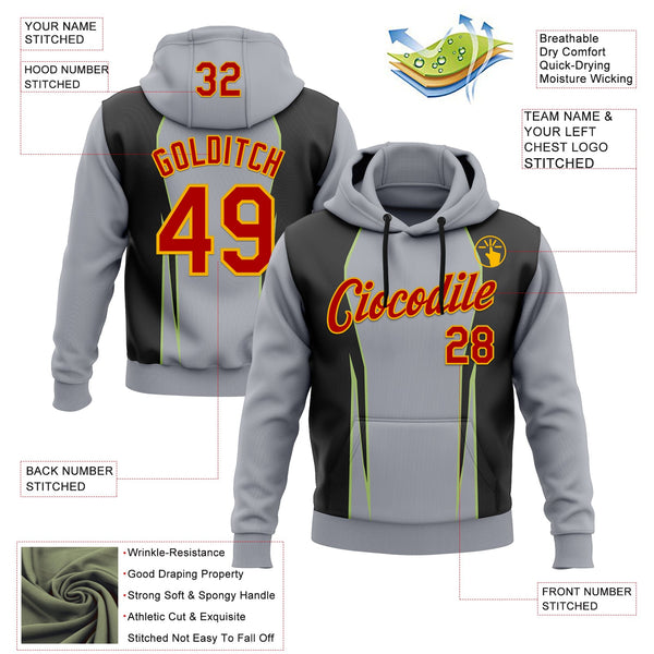 Custom Stitched Gray Red Black Green-Gold 3D Pattern Design Sportswear Pullover Sweatshirt Hoodie alternate