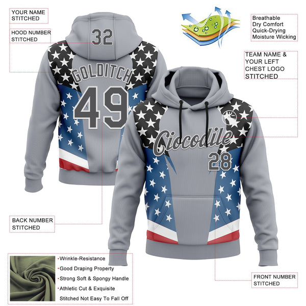 Custom Stitched Gray Steel Gray Black Blue Red-White 3D Pattern Design American Flag Inspire Patriotic Sportswear Pullover Sweatshirt Hoodie alternate