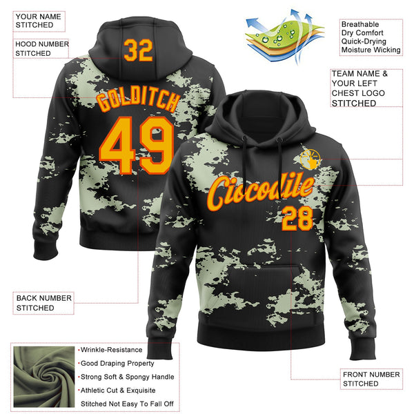 Custom Stitched Black Gold-Orange 3D Pattern Design Camo Sportswear Pullover Sweatshirt Hoodie alternate
