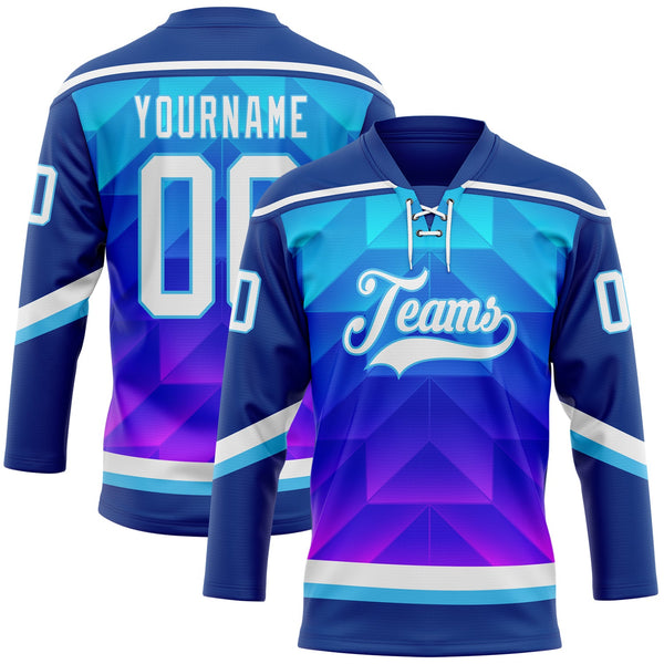 Custom Blue White Sky Blue-Purple 3D Pattern Gradient Geometric Shape Hockey Lace Neck Jersey