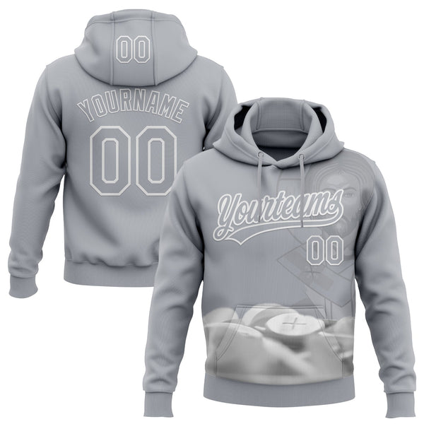 Custom Stitched Gray White Religion Jesus Christ Pullover Sweatshirt Hoodie
