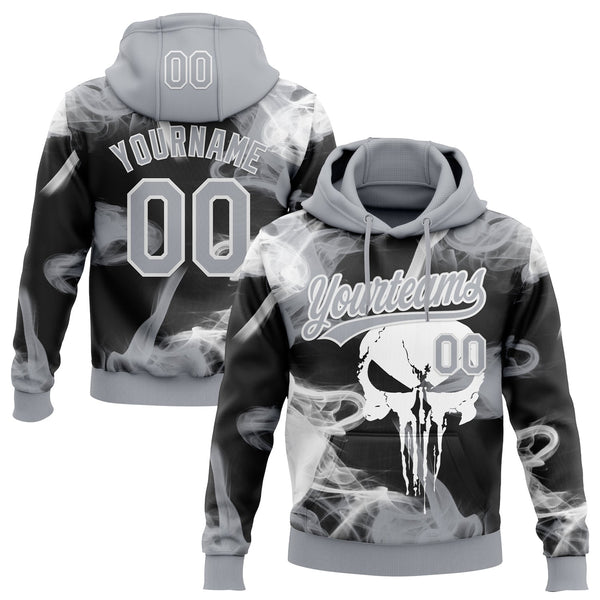 Custom Stitched Gray Black-White Skull Pattern Pullover Sweatshirt Hoodie