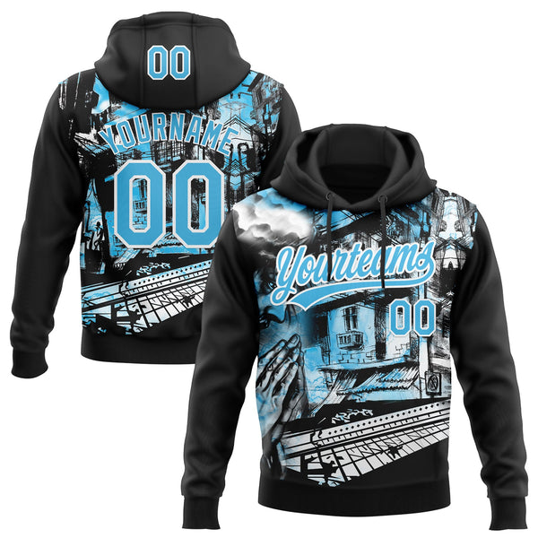 Custom Stitched Black Sky Blue-White Religion Praying Hands Pullover Sweatshirt Hoodie