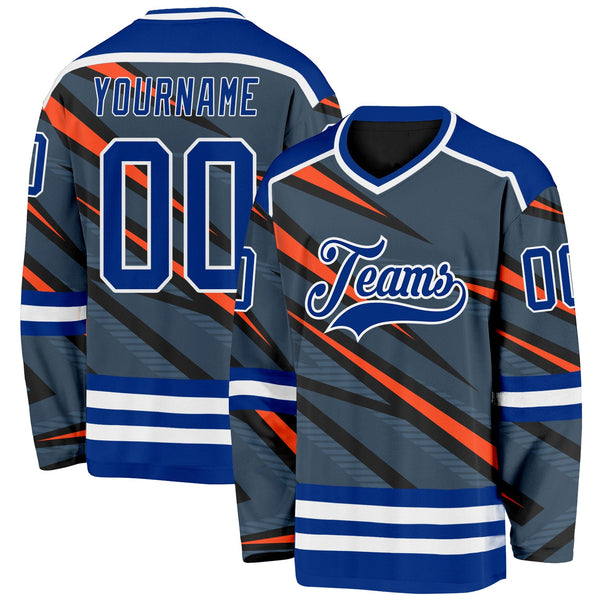 Custom Gray Royal Orange Black-White Cyber Mecha E-sport Hockey Jersey
