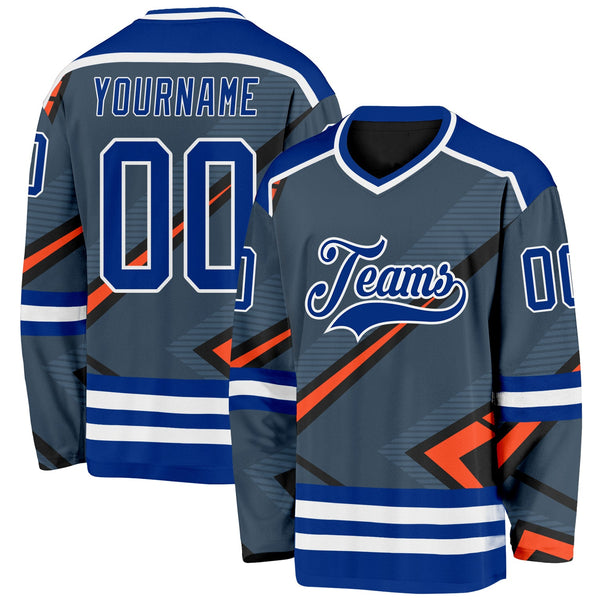 Custom Gray Royal Orange Black-White Cyber Mecha E-sport Hockey Jersey