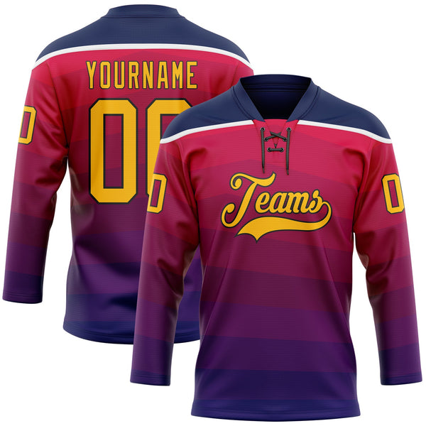 Custom Navy Gold Red Black-White Abstract Gradient Halftone Pattern Hockey Lace Neck Jersey