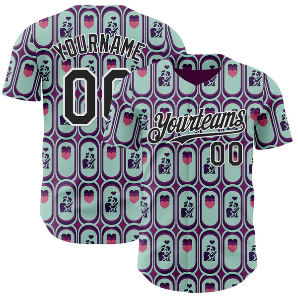 Custom Purple Black Green-White Valentine's Day Love Heart Authentic Baseball Jersey