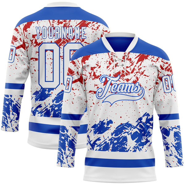 Custom White Thunder Blue-Red Abstract Splatter Paint Hockey Lace Neck Jersey