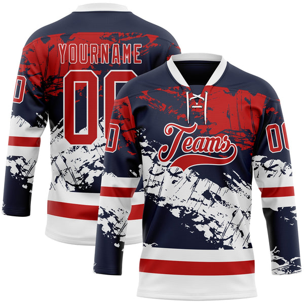 Custom Navy Red-White Abstract Splatter Paint Hockey Lace Neck Jersey