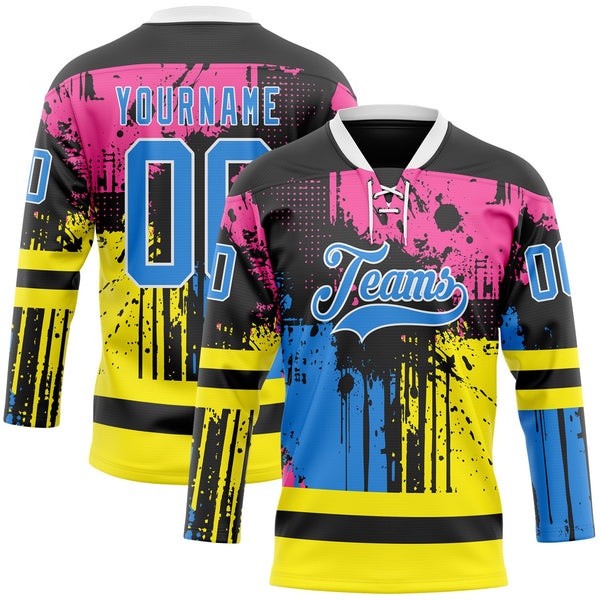 Custom Black Powder Blue Pink Yellow-White Abstract Splatter Paint Hockey Lace Neck Jersey