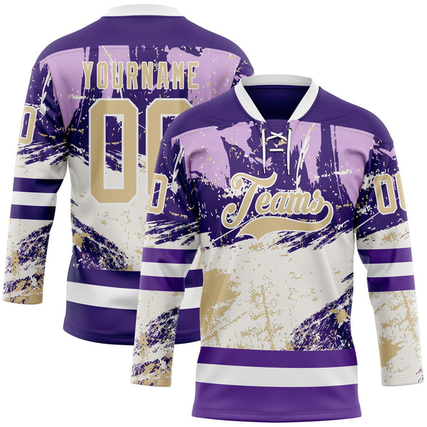 Custom Purple Vegas Gold-White Abstract Splatter Paint Hockey Lace Neck Jersey