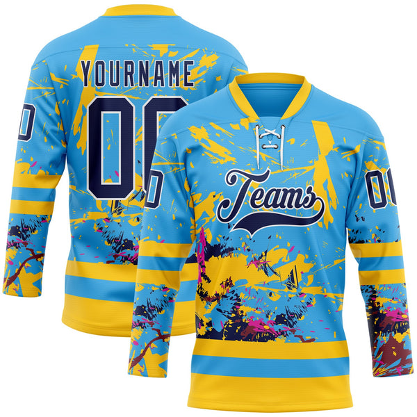 Custom Sky Blue Navy Yellow Red-White Abstract Splatter Paint Hockey Lace Neck Jersey