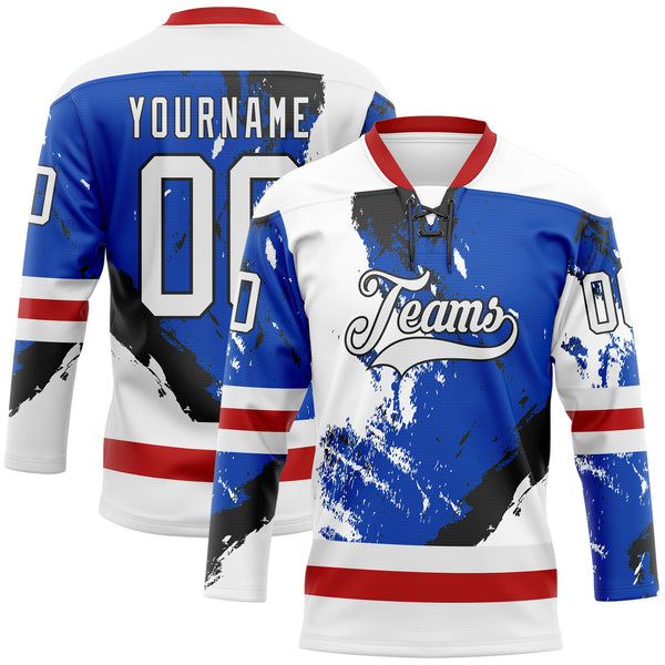Custom White Thunder Blue Red-Black Abstract Splatter Paint Hockey Lace Neck Jersey