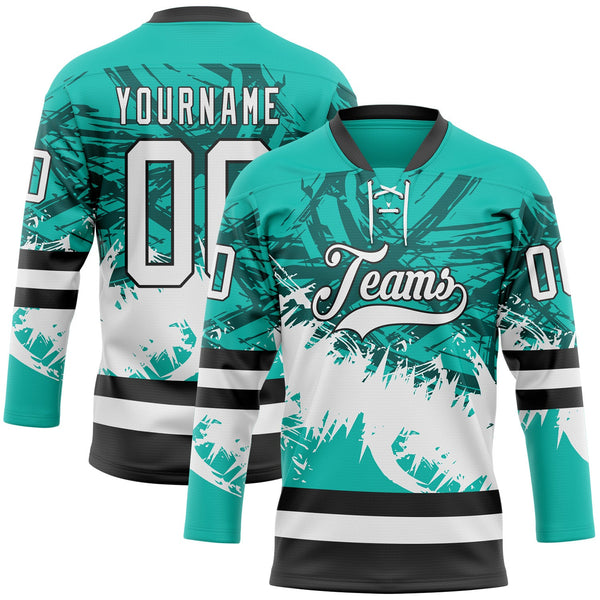 Custom Aqua White-Black Abstract Splatter Paint Hockey Lace Neck Jersey