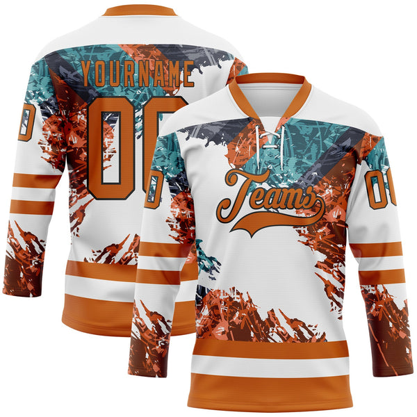 Custom White Texas Orange Green-Black Abstract Splatter Paint Hockey Lace Neck Jersey
