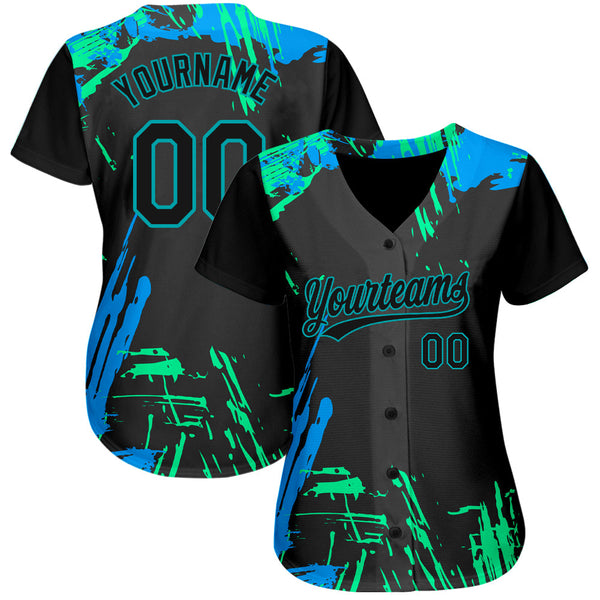 Custom Black Black Teal-Light Blue 3D Pattern Design Authentic Baseball Jersey alternate