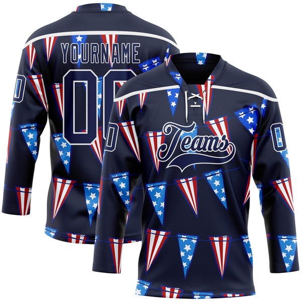 Custom Navy Red Royal-White American Flag Hockey Lace Neck Jersey