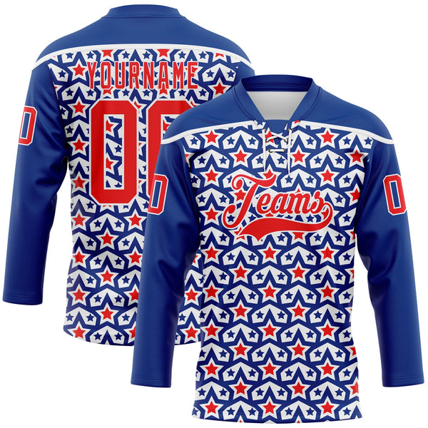 Custom Royal Fire Red-White American Flag Hockey Lace Neck Jersey