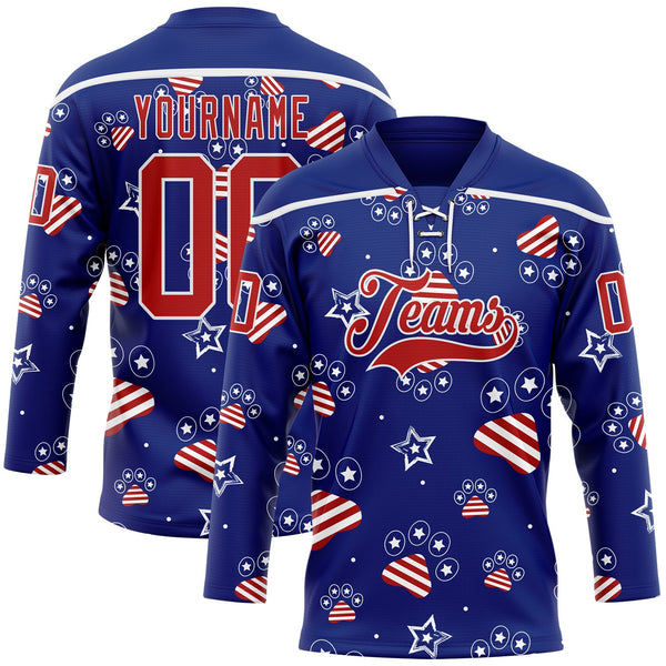 Custom Royal Red-White American Flag Hockey Lace Neck Jersey