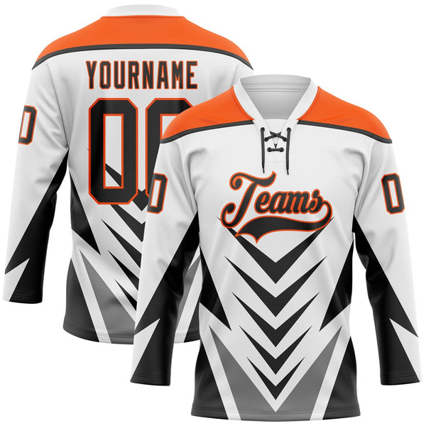 Custom White Black Gray-Orange Abstract Pattern Graphic Cyber Mecha E-sport Hockey Lace Neck Jersey