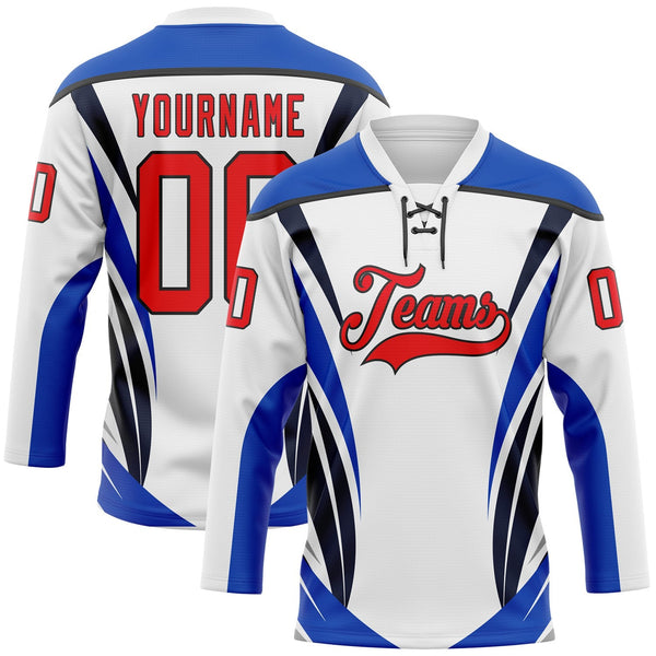 Custom White Fire Red Thunder Blue-Black Abstract Pattern Graphic Cyber Mecha E-sport Hockey Lace Neck Jersey