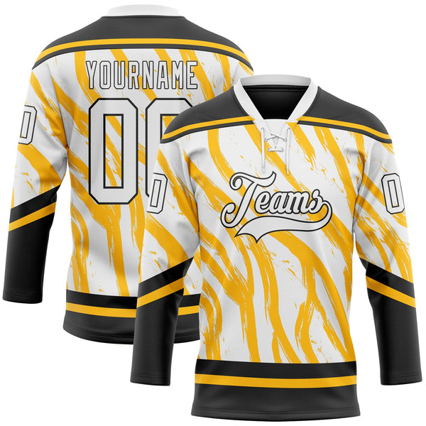 Custom White Gold-Black Abstract Boston Inspired Fluid Hockey Lace Neck Jersey
