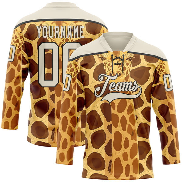 Custom Yellow Cream Brown-Black Giraffe Print Hockey Lace Neck Jersey