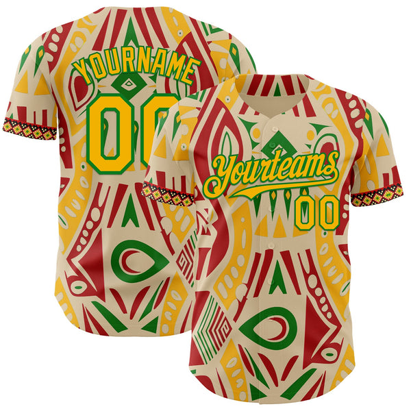 Custom City Cream Gold Red-Grass Green Black History Month Africa Tribal Authentic Baseball Jersey