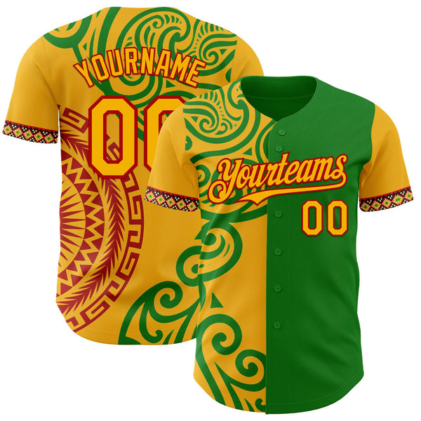 Custom Grass Green Gold Red-Black Black History Month Africa Tribal Authentic Baseball Jersey