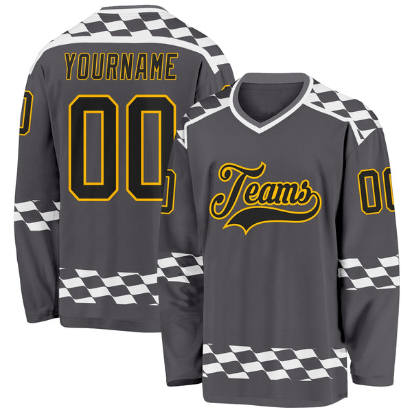 Custom Steel Gray Black Gold-White Plaid Hockey Jersey