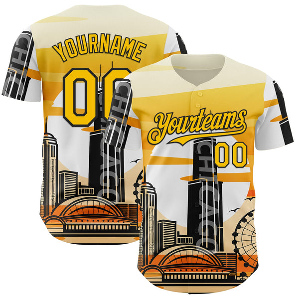 Custom Yellow Black-White Chicago Illinois Cityscape Landmark City Symbol Authentic Baseball Jersey