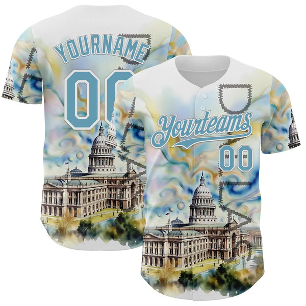 Custom White Shadow Blue Dallas Texas State Capitol Landmark City Symbol Authentic Baseball Jersey