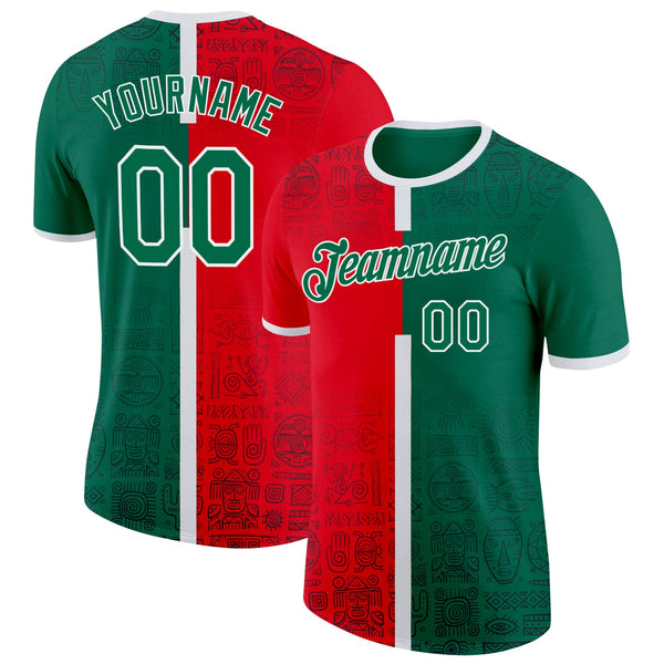 Custom Fire Red Kelly Green-White Mexico Tribal Soccer Jersey Performance T-Shirt