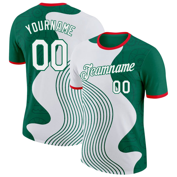 Custom White Kelly Green-Fire Red Mexico Soccer Jersey Performance T-Shirt