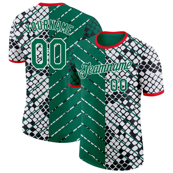 Custom White Kelly Green Fire Red-Black Mexico Snake Python Print Soccer Jersey Performance T-Shirt
