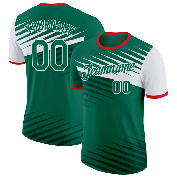 Custom Kelly Green White-Fire Red Mexico Soccer Jersey Performance T-Shirt