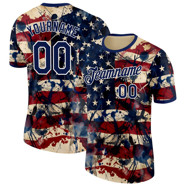 Custom Cream Navy Red-White USA Flag Splash Soccer Jersey Performance T-Shirt