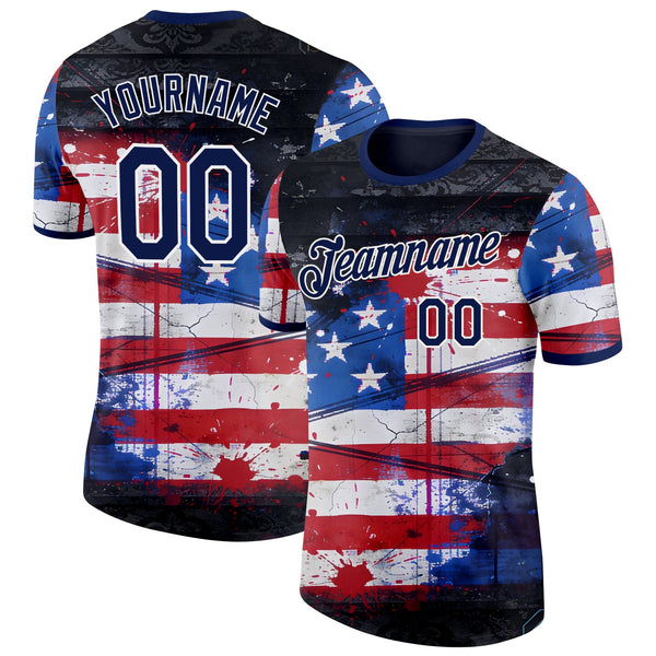 Custom Red Navy Blue Black-White USA Flag Splash Soccer Jersey Performance T-Shirt
