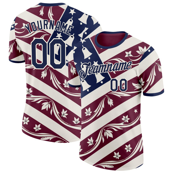 Custom Red Blue-Cream American Flower Soccer Jersey Performance T-Shirt