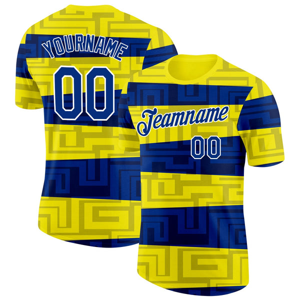 Custom Light Yellow Royal Blue-White Ukraine Abstract Pattern Soccer Jersey Performance T-Shirt