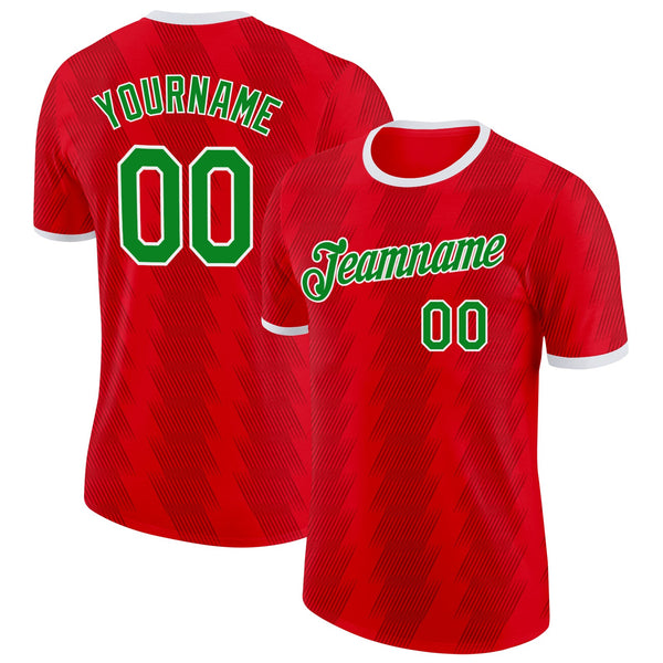 Custom Red Grass Green-White Wales Line Soccer Jersey Performance T-Shirt