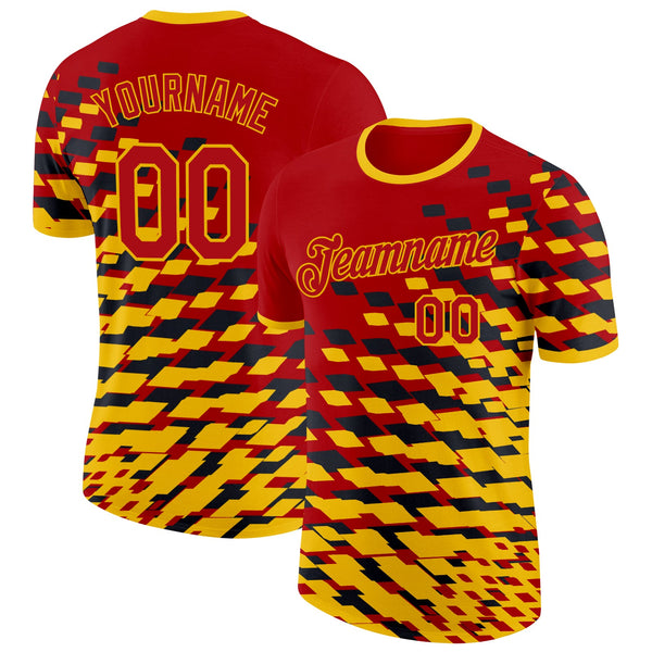 Custom Red Yellow-Black Belgium Geometric Soccer Jersey Performance T-Shirt
