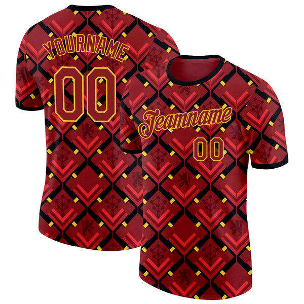 Custom Red Black-Yellow Belgium Geometric Soccer Jersey Performance T-Shirt
