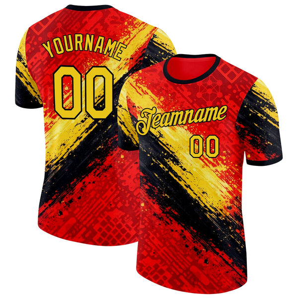 Custom Red Yellow-Black Belgium Splash Soccer Jersey Performance T-Shirt