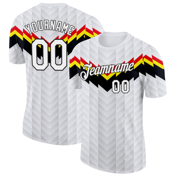 Custom White Red Yellow Black-Gray Germany Arrow Soccer Jersey Performance T-Shirt