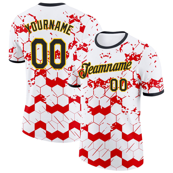 Custom White Black Red-Yellow Germany Abstract Geometric Soccer Jersey Performance T-Shirt